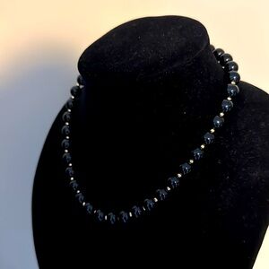 Black beaded necklace with gold tiny bead spacers 18” long EUC